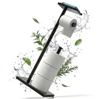 MATERIUM® Toilettenpapierhalter Stehend Schwarz, mit Ablage - Extra Schwerer Fuß - Klopapierhalter Stehend, Toilettenpapierständer, Klorollenhalter Stehend, Toilettenpapierhalter mit Ablage - Schwarz