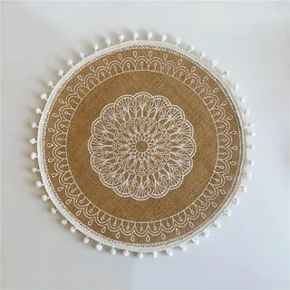 Tischsets Boho Deko Outdoor 4/6er Set, Landhausstil Untersetzer Teller Handgefertigte Platzsets Rund Beige Geflochten Natürliche Baumwolle, Sackleinen Und Wasserstroh, Gewebte (4 PCS,B-#02)