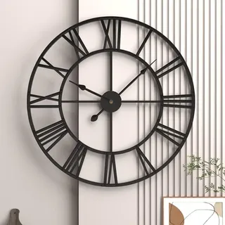GUDEMAY Wanduhr Groß XXL 50 cm Durchmesser Wanduhr ohne Tickgeräusche lautlos Retro römische Ziffern Vintage Landhausstil Metall Uhr Wand für Wohnzimmer Küche Schlafzimmer Büro - Schwarz