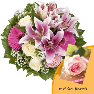 Dominik Blumen und Pflanzen, Blumenstrauß "Laura" mit rosa Lilien, Rosen und Gerbera und Grußkarte "Rosen"