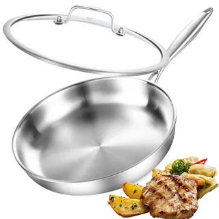 DELARLOCHEF Edelstahlpfanne 28cm mit Deckel,Dreilagige Edelstahl Pfanne Unbeschichtet,Induktions Bratpfanne ohne PTFE und PFOA,Hocheffiziente und Energieeffiziente Pfannen für Steak,Ei,11-Zoll