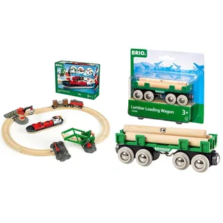 BRIO World 33061 Container Hafen Set - Mit Hafenbrücke und beweglichem Kran zum Beladen des Frachtschiffes - Geeignet für Kinder ab 3 Jahren & 63369600 Bahn 33696 - Langholzwagen