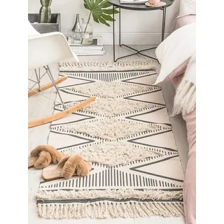 INKAROBOX Baumwolle Teppich Getuftet Baumwollteppich Waschbar mit Quasten, gewebter geometrischer Shag-Überwurf, Boho-Bereichsteppich für Waschküche/Schlafzimmer (Beige, 60 x 90 cm)