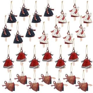 GOTDYBST Klein Engel Anhänger Weihnachtsdeko: 28 Stück Christbaumschmuck mit Schlüsselband,4 Stile,Glücksbringer Silvester,Holz Weihnachtsschmuck,Christmas Silvester Geschenke