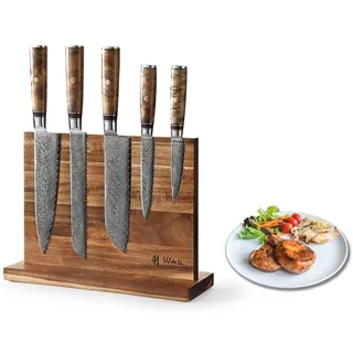 Wakoli Culinary Sycamore 6-teiliges Damastmesser-Set – 67 Lagen VG10-Kern, 60 ± 2 HRC, Bergahorn-Griffe, Brotmesser Wellenschliff, magnetischer Messerblock, Profi Küchenmesser für präzises Schneiden