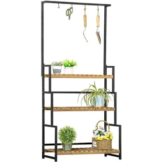 Outsunny Pflanzenregal, Tannenholz, Eisen, Schwarz+Natur , Multicolor , Holz , 36x174x80 cm , Wohnzimmer, Wohnzimmertische, Blumenständer