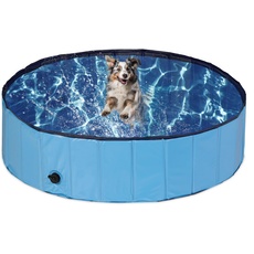 Relaxdays Hundepool, H x D: 30 x 120 cm, faltbar, mit Ablassventil, Hundeplanschbecken zur Abkühlung, PVC & MDF, blau
