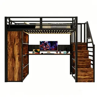Flieks Hochbett 90x200cm mit Schreibtisch Schrank Metall LED Schwarz , 90x200 cm , Babymöbel & Kindermöbel, Kinderzimmer & Jugendzimmer, Kinderbetten, Hochbetten