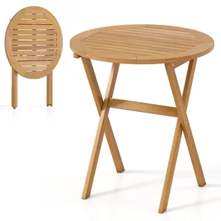 FANTASK Gartentisch Klappbar, 67 x 67 x 69,5 cm, Klapptisch aus Akazienholz, runder Esstisch, Balkontisch Wetterfest, Holztisch für Garten, Balkon, Terrasse