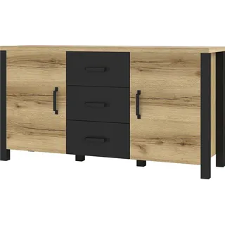 Furniture24 Sideboard OLIN 26 Kommode 146 cm breit mit 2 Türen 3 Schubladen Grand Eiche natur/Schwarz matt, 147x79x43
