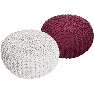 Strickhocker 2er Set Pouf Sitzpouf Sitzpuff Bodenkissen Ø 55cm weiß/bordeaux - Weiß, bordeaux