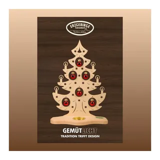 Weigla Teelichthalter "Weihnachtsbaum mit roten Kugeln, NATUR, Made in Germany" Erzgebirge garantiert, Weihnachtsdeko Innen, Weihnachtsbeleuchtung, natur