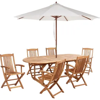 BELIANI Gartenmöbel Set mit Sonnenschirm Hellbraun Akazienholz 6-Sitzer 6-teilig Ausziehbarer Tisch Outdoor Garten Terrasse Balkon Ausstattung Möbel - Braun, Beige