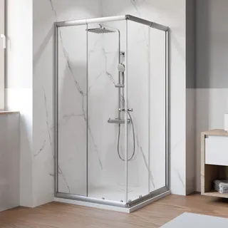 Breuer Eckeinstieg Ektos mit Schiebetür Klarglas 4-teilig 180 cm x 90 cm Silber