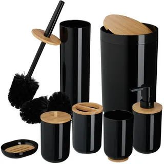 Relaxdays Badezimmer Set, 7-teilig, Badaccessoires Kunststoff & Bambus, komplettes Badzubehör-Set, Badset, schwarz/Natur
