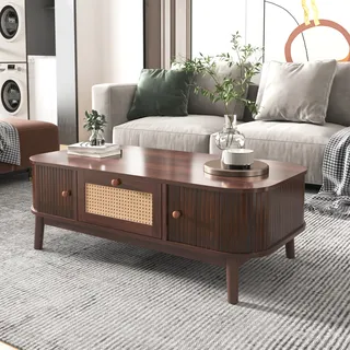 Sweiko Couchtisch-Rattan-Kaffeetisch,Schubladen mit Rattan und Schiebetüren mit Massivholzlatten - Braun, Hellgelb, Weiß