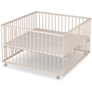 Sämann Baby Laufstall aus Holz I Baby Laufgitter 120x120 cm Natur I Inkl. Matratze Cloud Air I Robuster & höhenverstellbarer Laufstall aus Buchenholz I Mit gummierten Rollen & TÜV geprüft