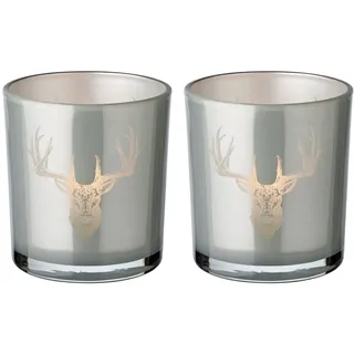 EDZARD 2er-Set Teelichtglas (Höhe 8 cm, Ø 7 cm), außen grau, innen Gold - Windlicht, Kerzenglas (Hirschkopf)