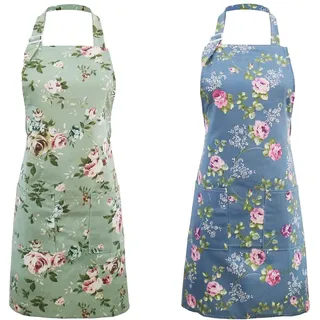 ideapron Küchenschürze für Frauen, 2 Stück Florale Schürzen zum Kochen Backen Gartenar, Vintage Schürze für Chef Bäcker - Geburtstag Hauseinweihung Weihnachten Schürzen Geschenk für Mutter Ehefrau Oma