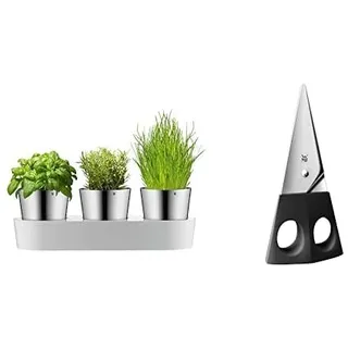 WMF Gourmet Kräutertopf mit Bewässerungssystem 3-teilig, Kräutergarten für die Küche, 36x 12,5X 12,5 cm, für frische Küchenkräuter, weiß & Kräuterschere Edelstahl Silber
