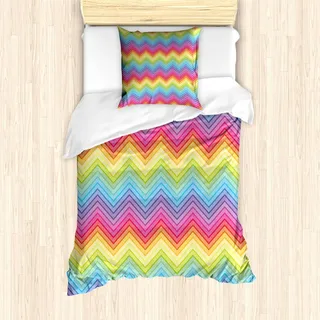 ABAKUHAUS Regenbogen Bettbezug Set, Bunter Zickzack-Zickzack Muster-geometrische moderne scharfe Entwurfs-Fantasie-Illustration, 135 x 200 cm + 80 x 80 cm, Mehrfarbig