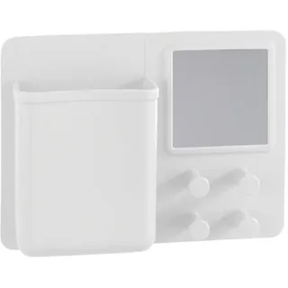 WENKO Organizer mit Spiegel und Haken Ampio Weiß - Kosmetik-Aufbewahrung, Make-Up Organizer, Befestigen ohne Bohren, Silikon, 20 x 15 x 5 cm, Weiß