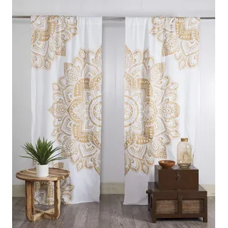 Popular Handicrafts Indische Hippie-Boho-Vorhänge mit Mandala in leidenschaftlichem Ombre-Farbverlauf, Weiß-Gold