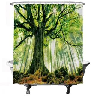 Ulticool Duschvorhang - Baum Energie Natur Hell Wald - 180 x 200 cm – Anti Schimmel - Waschbar – Wasserdicht - mit 12 Ringe - Grün