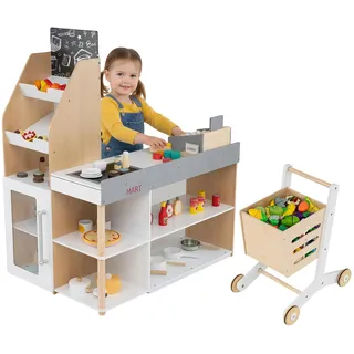 FANTASK Kaufladen für Kinder mit Registrierkasse | Holz Kaufmannsladen mit Tafel, Scanner und Kartenlesegerät, Kreditkarte, Münzen, Supermarkt Spielset ab 3 Jahren
