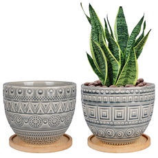 G EPGardening Retro Grau Sukkulenten Pflanzgefäße Indoor Keramik Geometrie Muster Blumentöpfe Set von 2 Stück mit Bambus Tablett