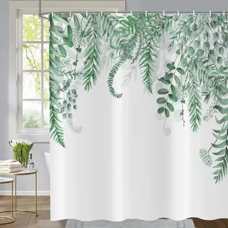 ASDCXZ Türkis Eukalyptus Duschvorhang 180x200 cm, Frühling Türkis Eukalyptusblätter Aquarell Pflanzen Muster Wasserdicht Badvorhang Polyester Textil Waschbar Duschvorhänge für Badewanne mit 12 Haken