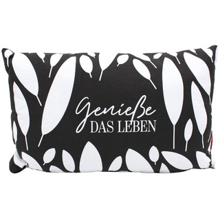 Dekohelden24 Kissen/Kuschelkissen mit Bezug aus 100% Baumwolle in schwarz-weiß, L/B/H: 40 x 13 x 23 cm. Motiv: Genieße das Leben, Blätter, 40 cm