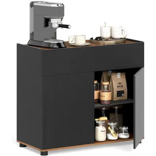 FANTASK Küchenschrank mit Arbeitsplatte, Buffetschrank mit Schublade & 2 Türen, Aufbewahrungsschrank Landhausstil, Sideboard Grifflosem Design für Küche, Esszimmer & Wohnzimmer (Schwarz)