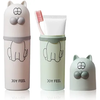SacJkt Zahnputzbecher Kinder, 2 pcs Zahnbürsten Etui Karikatur Katze Tier Zahnputzbecher Set Zahnbürstenhalter Reise Personalisiert für Junge Mädchen Reisen Camping Schule Zuhause (Weiß, Grün)