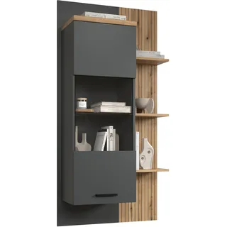 trendteam smart living - Baggio - Wandregal - Grau/Eiche - Hängevitrine mit 1 Tür, 1 Glasboden, 3 Konstruktionsböden und 2 Einlegeböden - (B x H x T) 80 × 161 × 32 cm - Links oder rechts montierbar