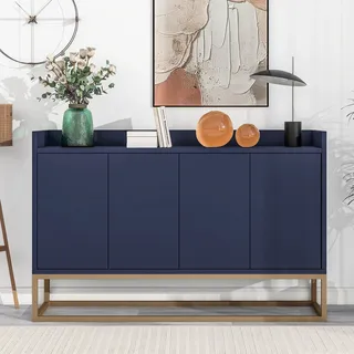 Merax Kommode Sideboard mit 4 Türen und verstellbaren Ablagen, goldenen Metallrahmen und Push-to-Open Funktion, Wohnzimmerschränke Massivholz Anrichte, 120*30*80 cm - Blau