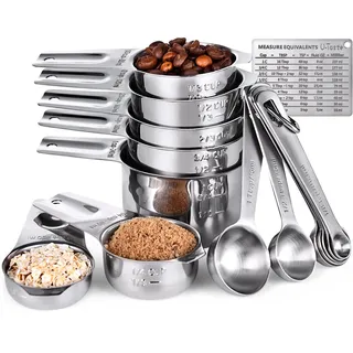 U-Taste Messbecher und Löffel mit Waage, 18/8 Edelstahl, 15 Stück, Silber | 7 Cup Becher & 7 TL/EL Dosierlöffel mit 2 D-Ringen und 1 Professionellen Magnetischer Messumrechnungstabelle
