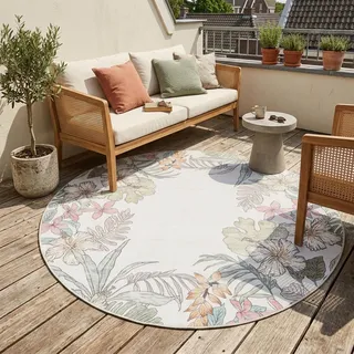 Volero - Rund Outdoor Teppich - Poppy Creme - Ø 140 cm - Balkon, Garten, Terrasse, Wintergarten - Boho - Creme