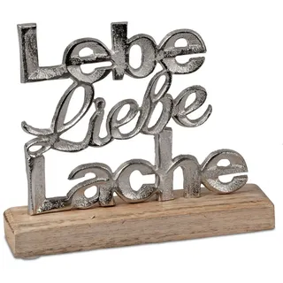 Formano Schriftzug Lebe Liebe Lache Aluminium Mangoholz 18 cm Tischdeko Silber