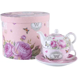 London Boutique Teekannen für eine Tasse Teekanne Teetasse Untertassen,Porzellan in Geschenkbox 15x15cm (Rosa Schmetterlingsrose)