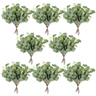 Homcomodar Künstliche Pflanzen Eukalyptus Deko 48PCS Simulation Grüner Eucalyptus Hinterlässt Zweige Silberdollar Eukalyptus Pflanze Bulk für Hochzeit, Garten, Haus, Büro Dekoration