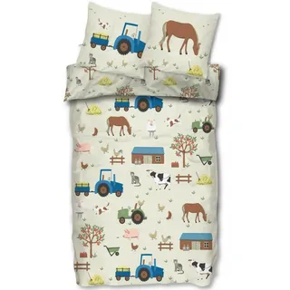 SkyBrands Kinderbettwäsche Bauernhof - 2-teiliges Set: Bettbezug 135x200 cm & Kissenbezug 80x80 cm - Motiv Traktor & Tiere - 100% Baumwolle - Renforcé Qualität