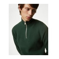 Mens M&S Collection Pullover aus Baumwollmischung mit halbem Reißverschluss und Strukturmuster - Green, Green, XXL