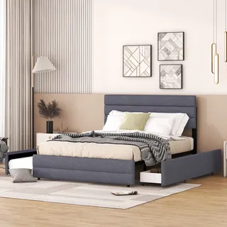 Merax Polsterbett 140x200cm mit Ausziehbett 90x190cm, Leinen Doppelbett mit 2 Schubladen und Lattenrost, Jugendbett Gästebett, Grau - Grau
