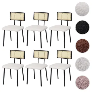 6er-Set Esszimmerstuhl HWC-K88, Lehnstuhl Stuhl, Holz Poly-Rattan Metall Bouclé ~ Stoff/Textil weiß