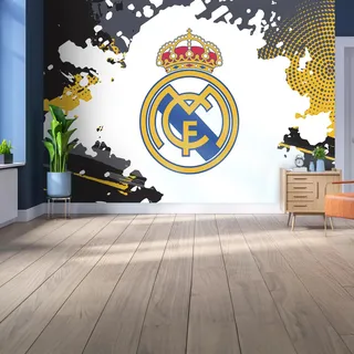 Lizenziertes Decor Real Madrid Vinyl-Wandbild, groß, 220 cm (H) x 170 cm (B) – komplettes Wappen auf Farbspritzern, Schwarz/Grau/Gelb
