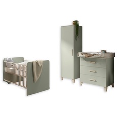 PRIZZI Babyzimmer Komplett-Set in Pastellgrün / Aurum Optik - Babyzimmer Möbel-Set 3-teilig bestehend aus Kleiderschrank, Babybett & Wickelkommode