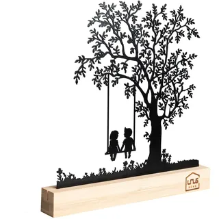 UNUS Deko-Baum Aufsteller, Kinder auf der Schaukel, Aufsteller aus schwarzem Metall mit Bambus-Sockel, Deko für Fensterbank, Esstisch, Wohnzimmer, Frühlingsdekoration