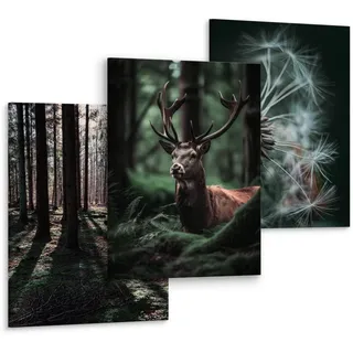 Muralo Leinwandbilder 3-er Set Wald Hirsch 3D , Grün, Schwarz, Weiß, Braun, Grau , Textil , Baum/Pflanze/Natur, Tiere, Floral , Rechteckig , 90x40 cm , Bilder & Rahmen, Bilder