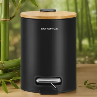 SONGMICS Kosmetikeimer, Mülleimer Bad, mit Deckel aus Bambus, Tretmülleimer mit Metallpedal, Inneneimer herausnehmbar, Softclose, für Badezimmer, 3 Liter, tintenschwarz LTB113BZ01